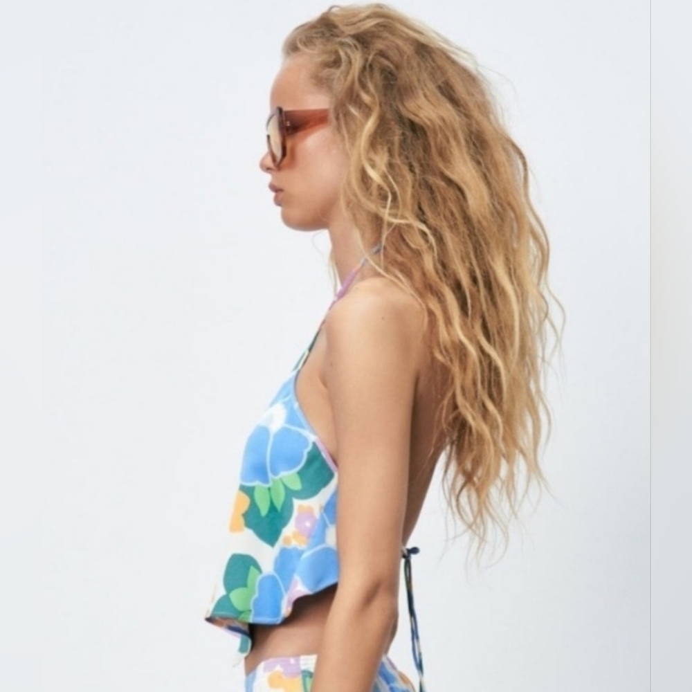 NWT Zara Retro 70s Floral Halter Top - Hanky Hem Backless Scarf Top XS Festival - Picture 4 of 12